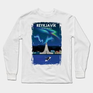 Reykjavik Iceland northern lights Travel Poster Long Sleeve T-Shirt